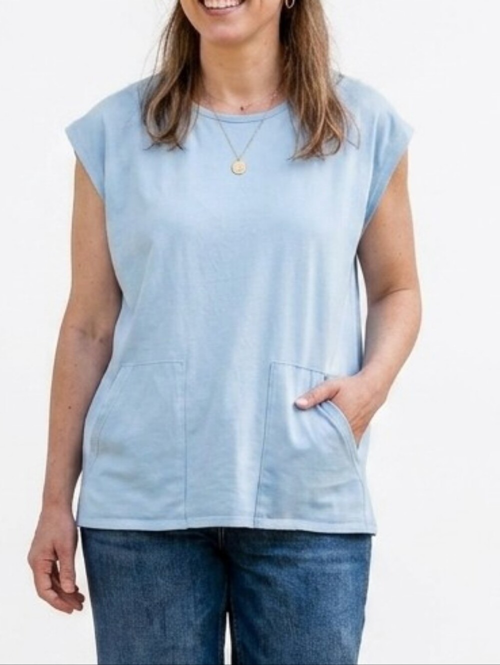 NWOT Eileen Fisher Organic Cotton Stretch Boxy Pocket Top Ice Blue S Small